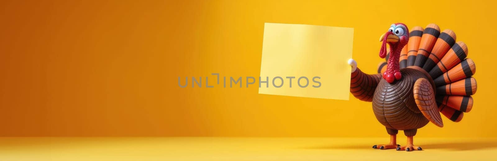 Funny Cartoon Turkey Holding Blank Sign On Vibrant Orange Background For Thanksgiving Projects.