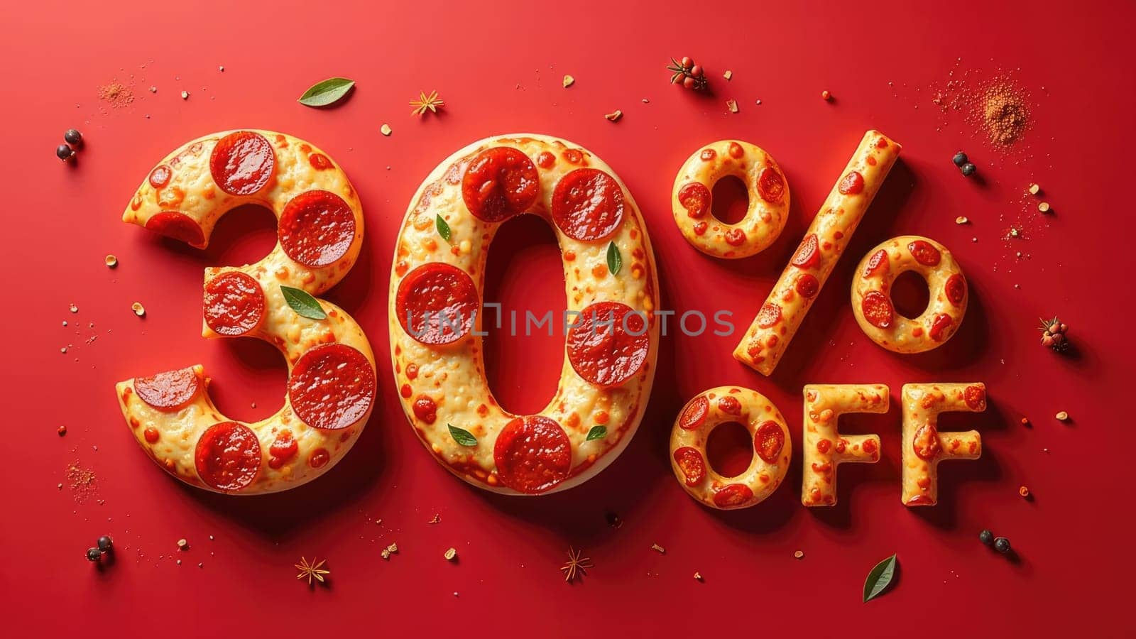Delicious Pepperoni Pizza on a Red Background with Thirty Percent Off Discount Promotion.