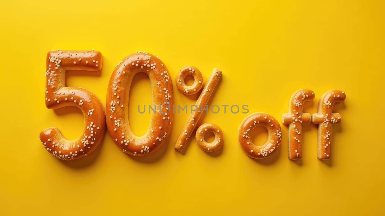 Assorted bakery products arranged as 50 off sale on yellow background.