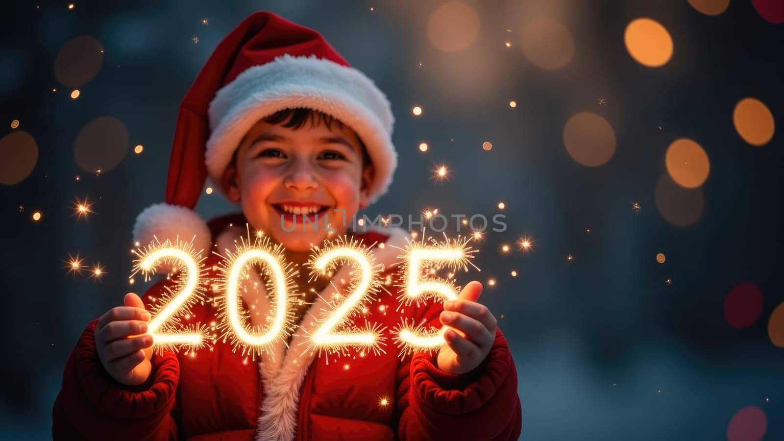 Smiling child holding 2025 sparklers in hands at New Years Eve party indoors.