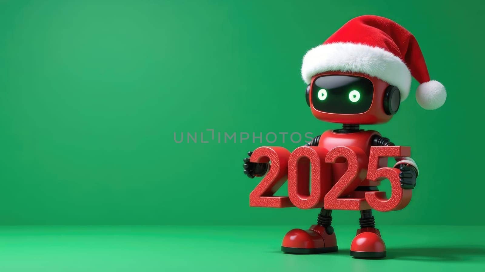 Red Ai Robot Wearing Santa Hat Holding 2025 Sign Isolated on Green Background. Christmas, New Year celebration.