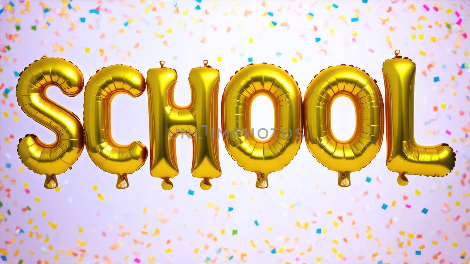 Gold Foil Balloons Spelling School Surrounded by Colorful Confetti Elements for Education Themes.