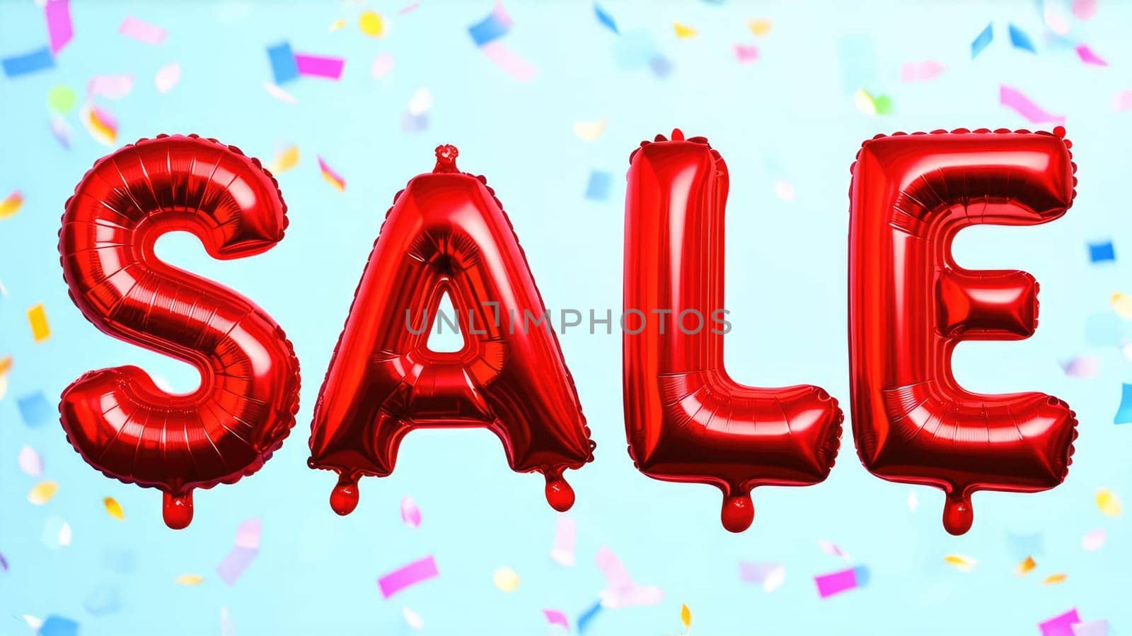 Large Red Foil Balloons Spelling SALE on a Glittery Pink, Purple, and Blue Background.