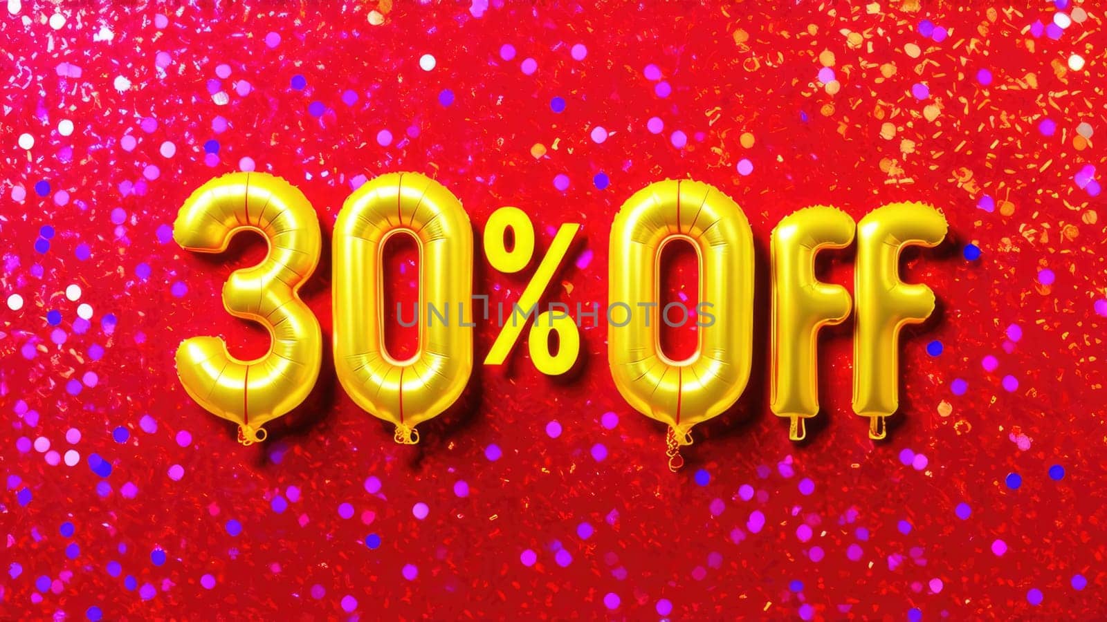 Red Foil Balloons Displaying 30 Off on Blue Background with Confetti.