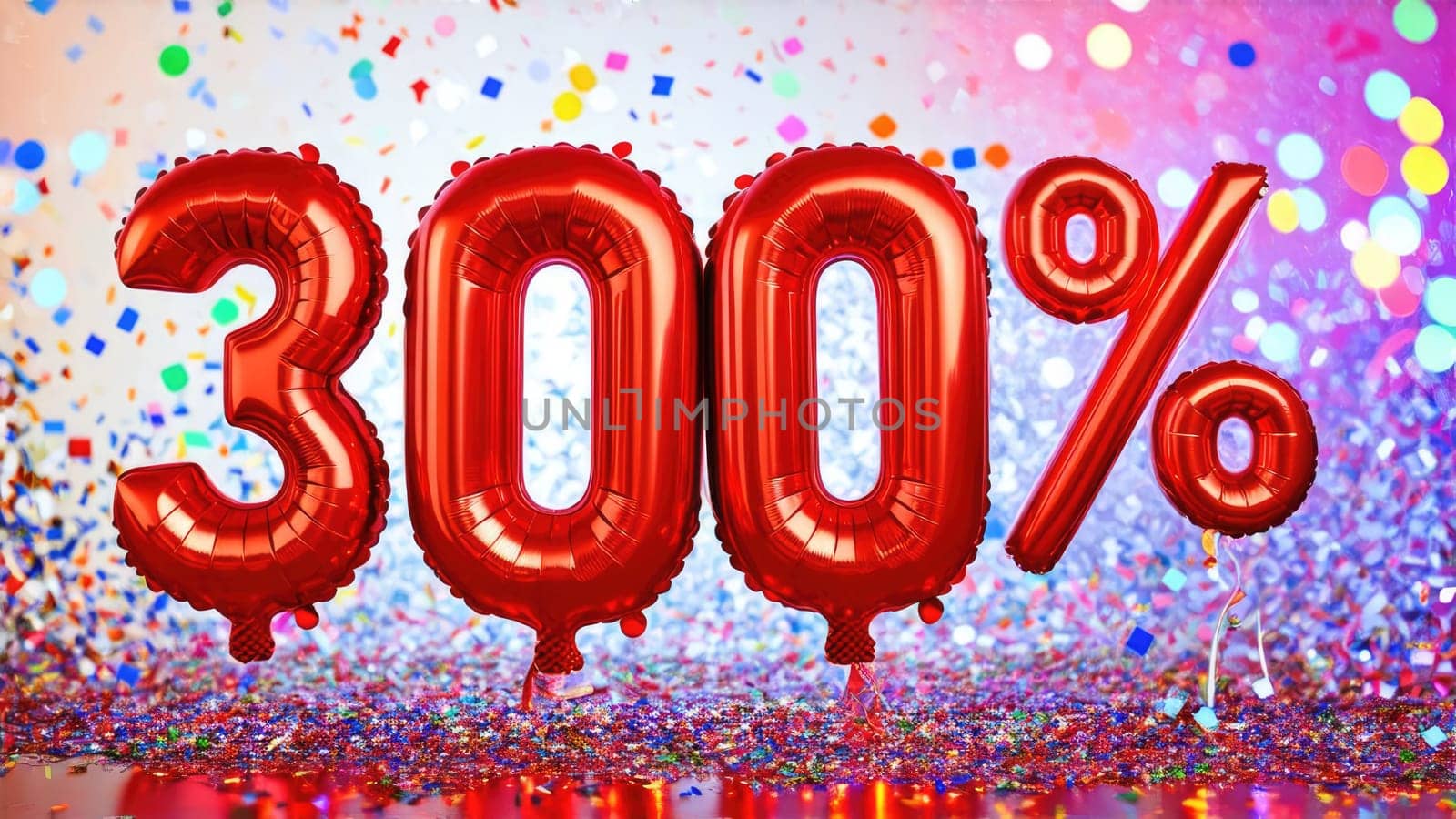 Red Foil Balloons Displaying 300 Off on Blue Background with Confetti.