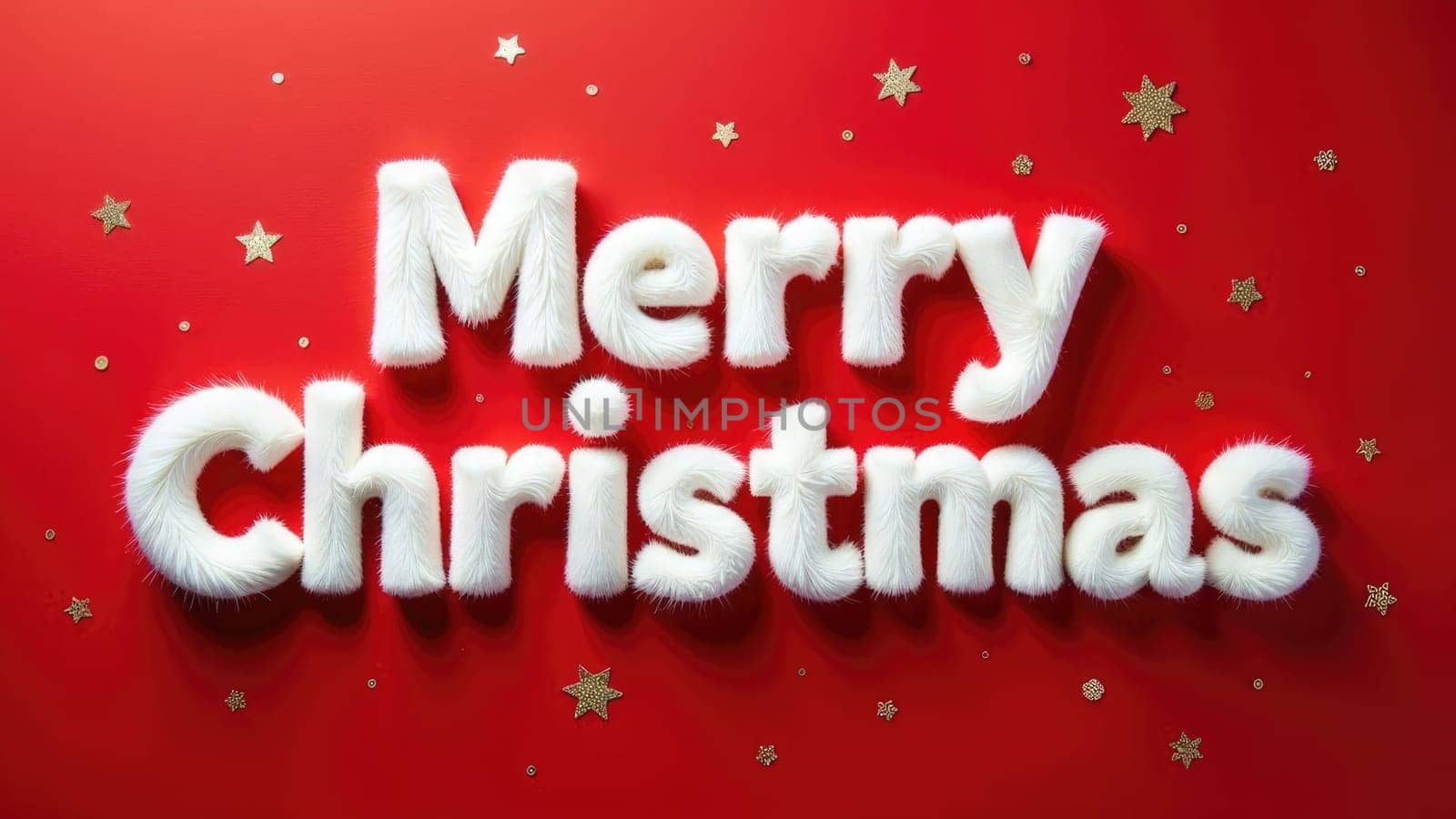 Festive White Furry Letters Spelling Merry Christmas on Bright Red Background for Holiday Cheer.