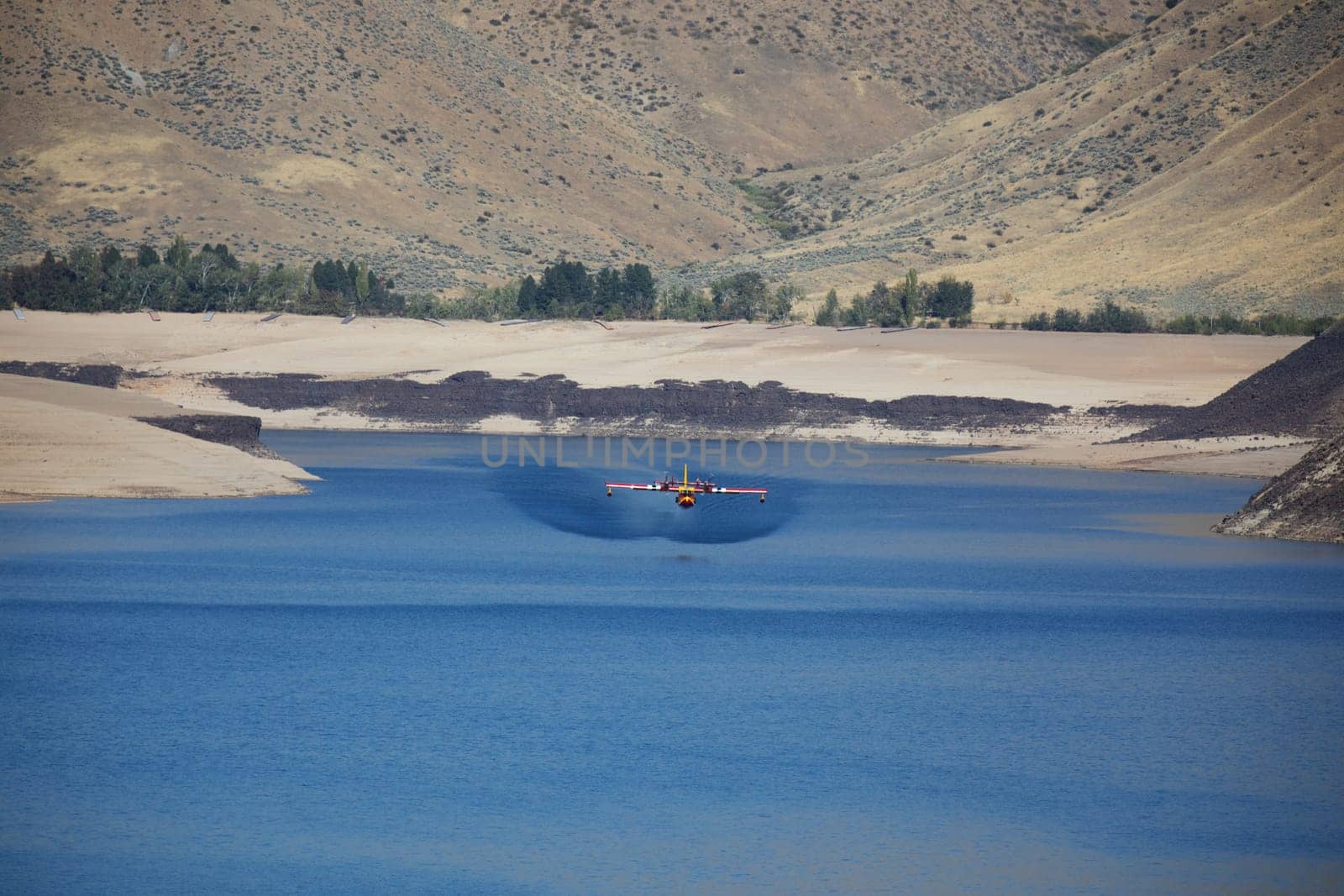 A firefighting airplane skims a Lucky Peak Reservoir surrounded by rugged hills