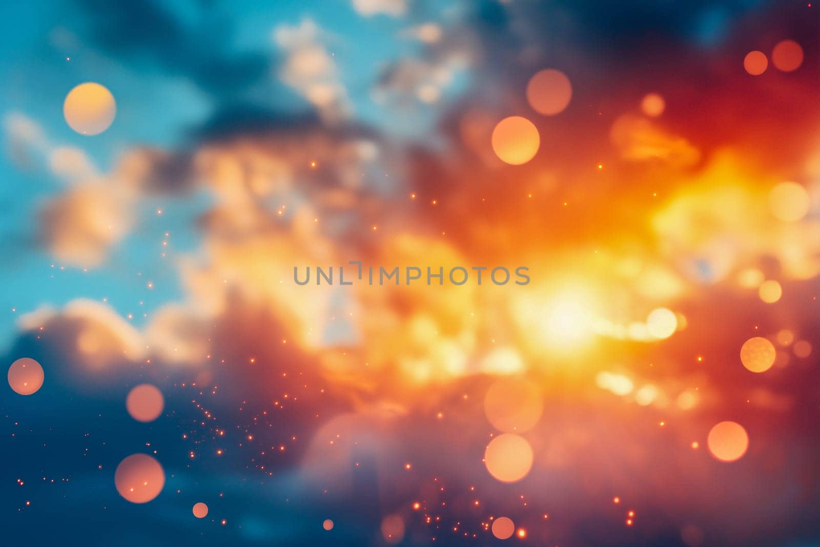 A stunning sunset with bright, colorful bokeh and soft blurred clouds, creating a magical, dreamlike atmosphere. Ideal for backgrounds or concepts of wonder and beauty.