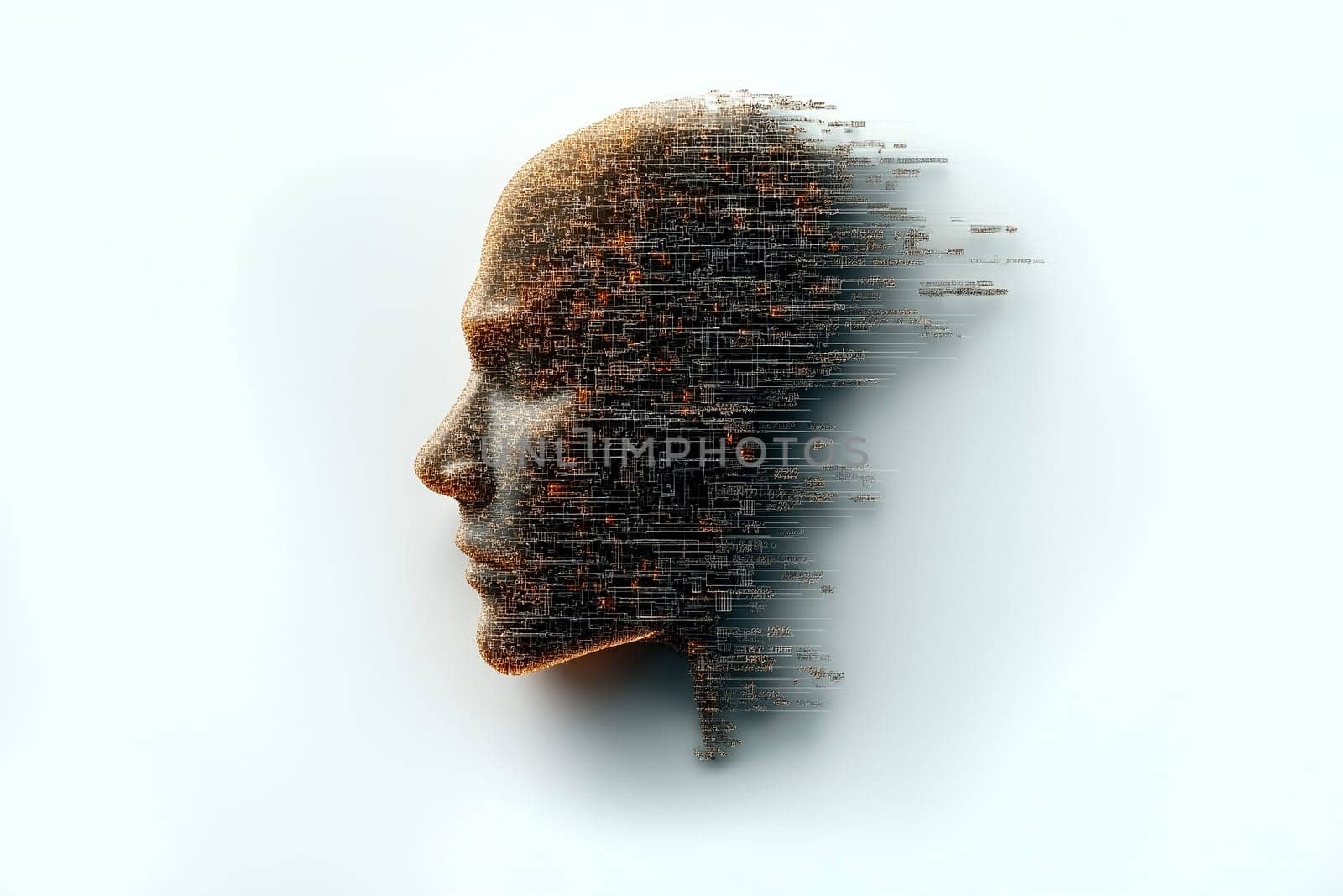 Abstract representation of a human face created using intricate digital geometric patterns and textures, symbolizing the fusion of AI technology and human identity