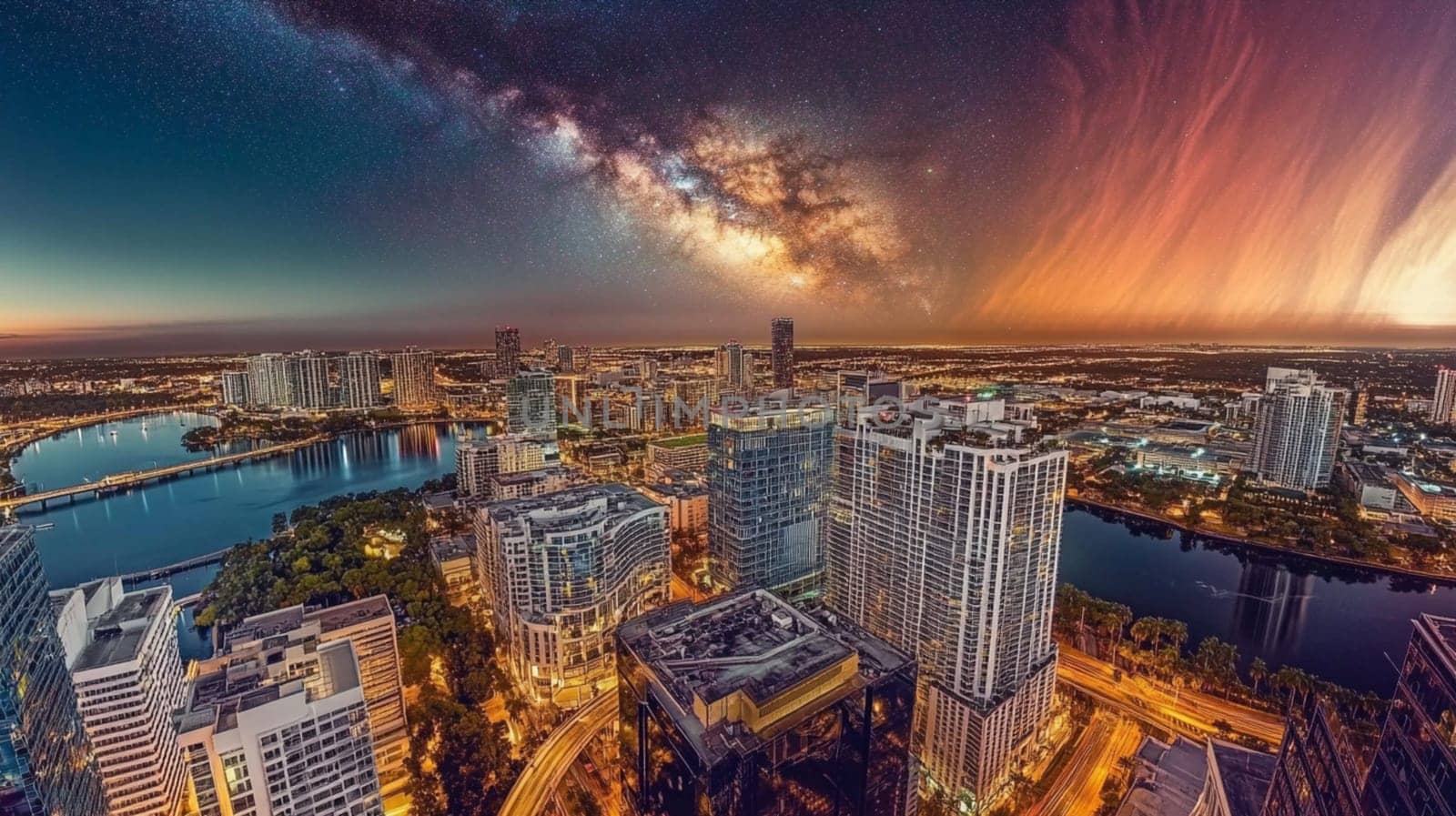 A stunning panoramic view of a city skyline at night, featuring a vibrant Milky Way galaxy above. The scene captures a river reflecting city lights, with modern skyscrapers and a colorful sky transitioning from twilight to night.