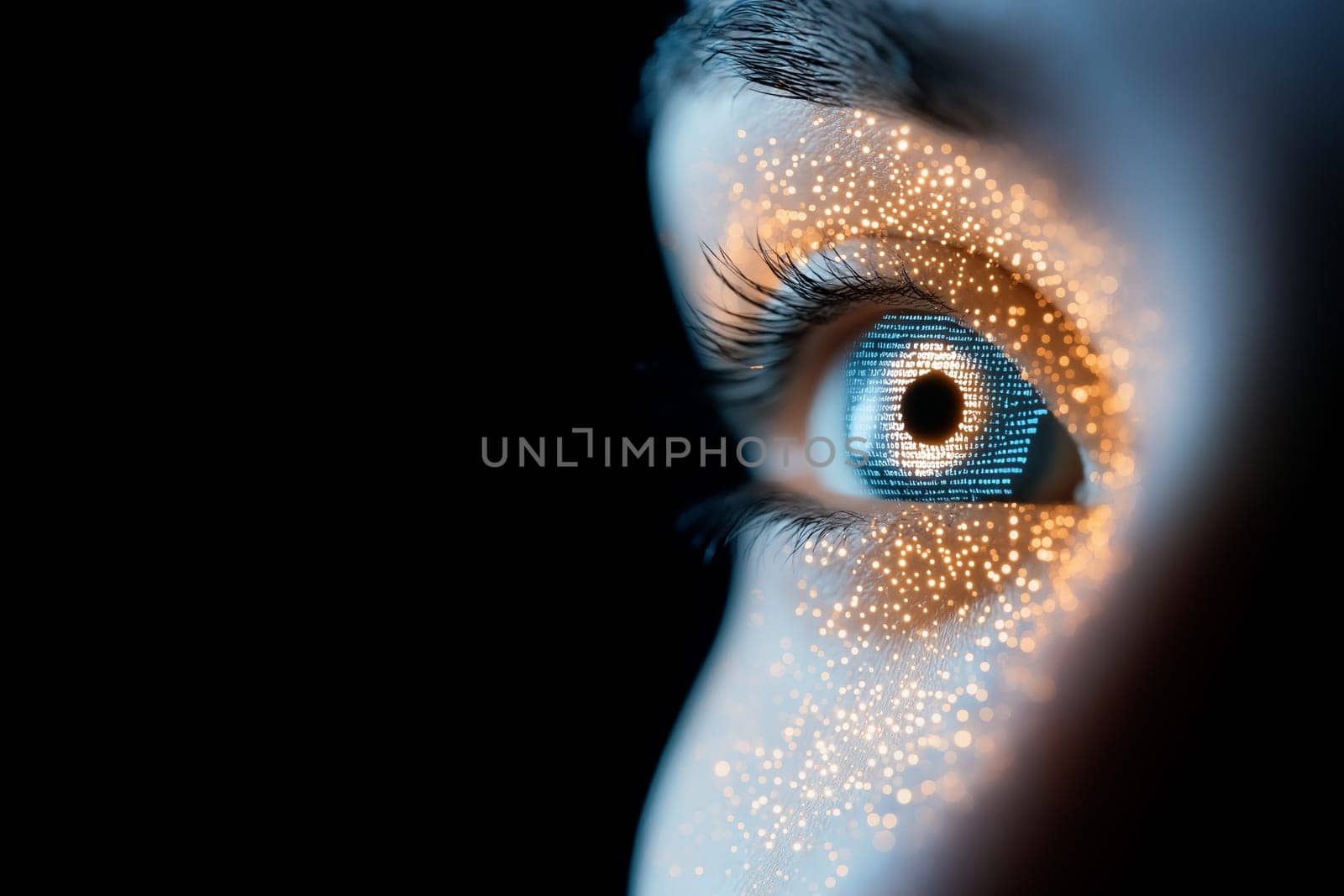 A detailed close-up of a futuristic eye with digital elements and sparkling lights, symbolizing AI technology and innovation