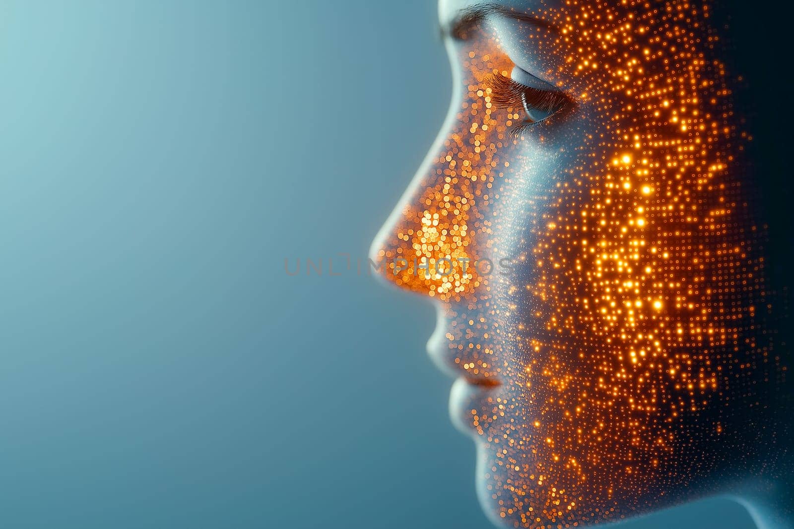 Close-up of a human profile with glowing digital data points, illustrating futuristic technology and AI integration. The abstract design creates a cyberpunk and innovative atmosphere.