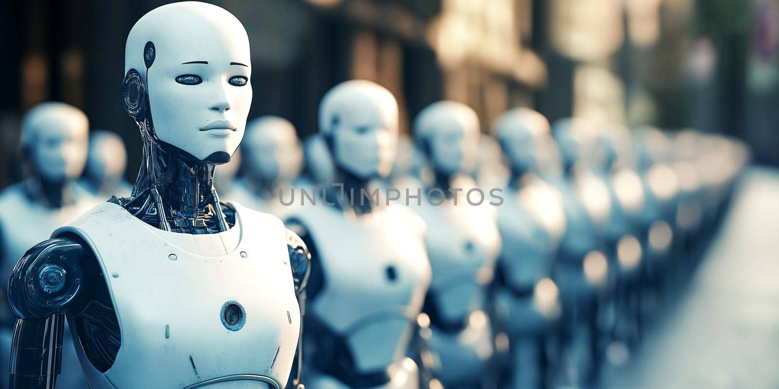 A row of advanced humanoid robots standing uniformly in an urban environment, showcasing future technology and robotics innovation focused on artificial intelligence.