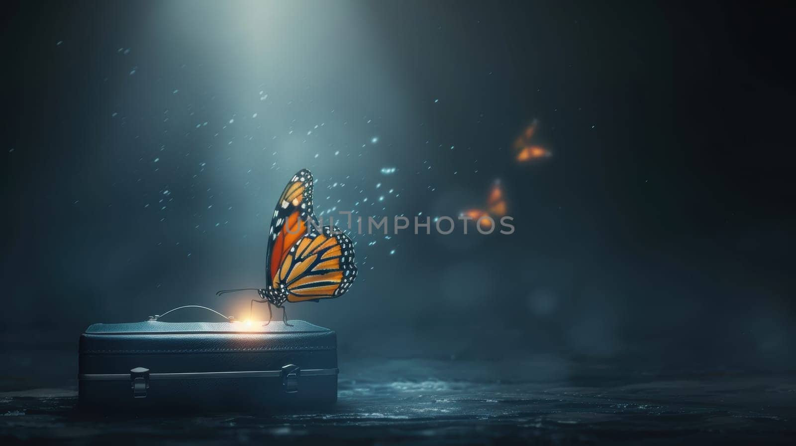 A butterfly emerges from a briefcase, symbolizing the transformation of ideas into action in business. with glowing trails and clean lighting, the image evokes a sense of innovation and progress. high-detail photorealistic imagery brings this concept to life.
