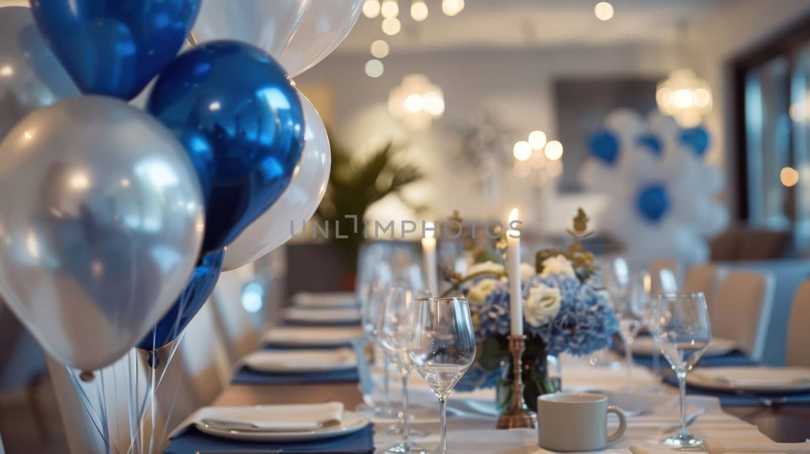 A chic hanukkah dinner party setup in a contemporary dining room, featuring a beautifully adorned table. a menorah glows warmly in the backdrop, complemented by blue and white balloons the festive mood.