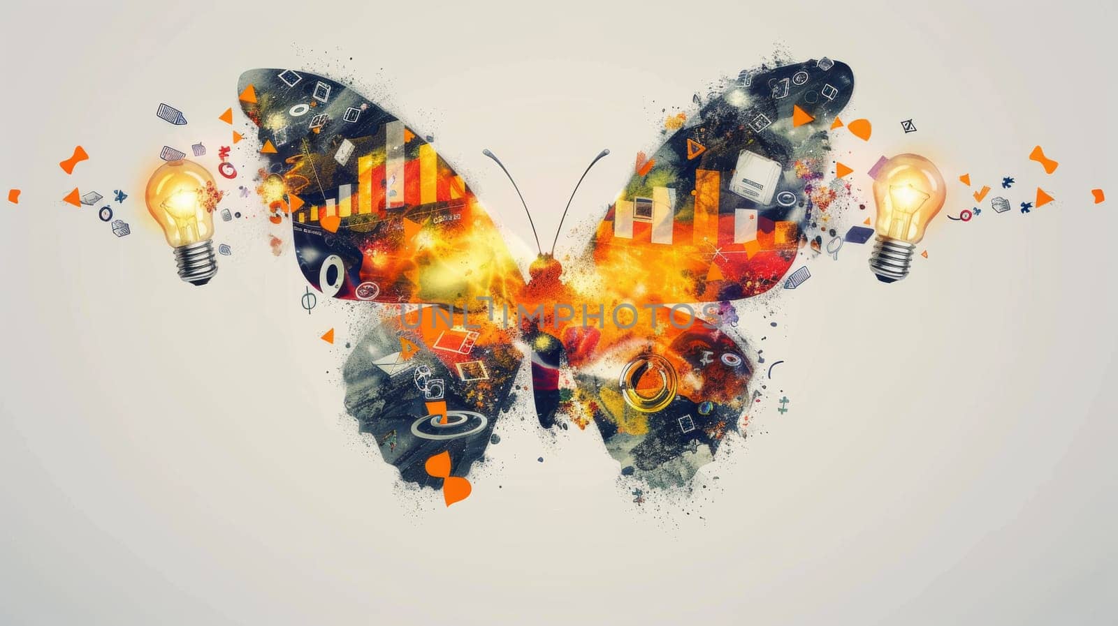 A photorealistic butterfly formed with corporate symbols such as graphs and light bulbs, representing business transformation and success. bright lighting enhances the concept of innovation and growth.