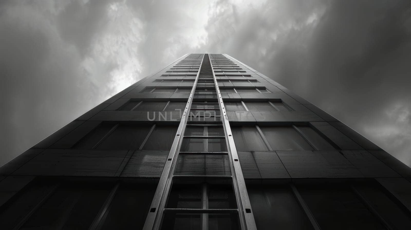 Professionals climb a ladder leaning against a shiny skyscraper under a bright sky, symbolizing growth and ambition in urban markets. the dynamic lighting highlights the reflective surface and upward movement.
