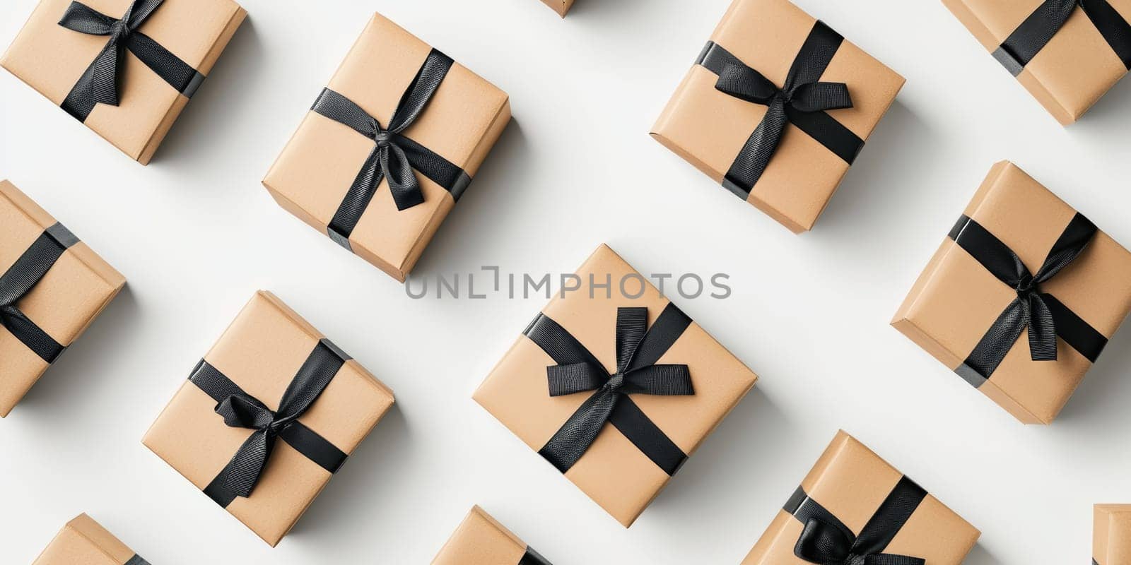 Neatly arranged gift boxes with black ribbons. Perfect for celebrations and events.