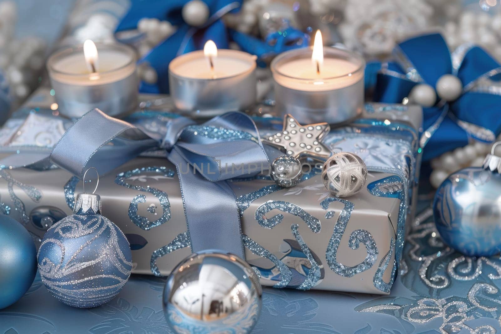 Elegant hanukkah gift wrapping showcasing silver and blue ribbons, classic candles, and dreidels. perfectly arranged in a gift box, this setup is ideal for holiday shoppers seeking tasteful and festive packaging.