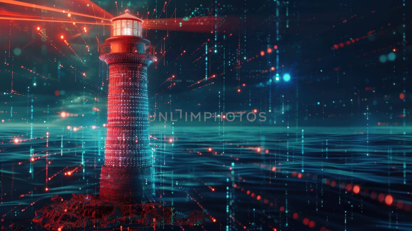 A lighthouse stands tall in a digital landscape, its beam formed by data streams. this high-detail photorealistic image symbolizes leadership in the tech-driven business world, set against a vibrant sunset.
