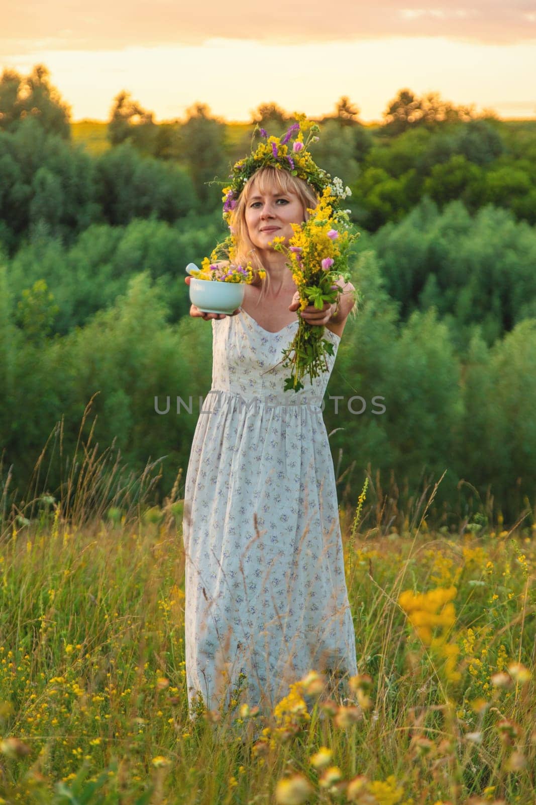 Woman in a meadow with medicinal herbs. Selective focus. Nature.