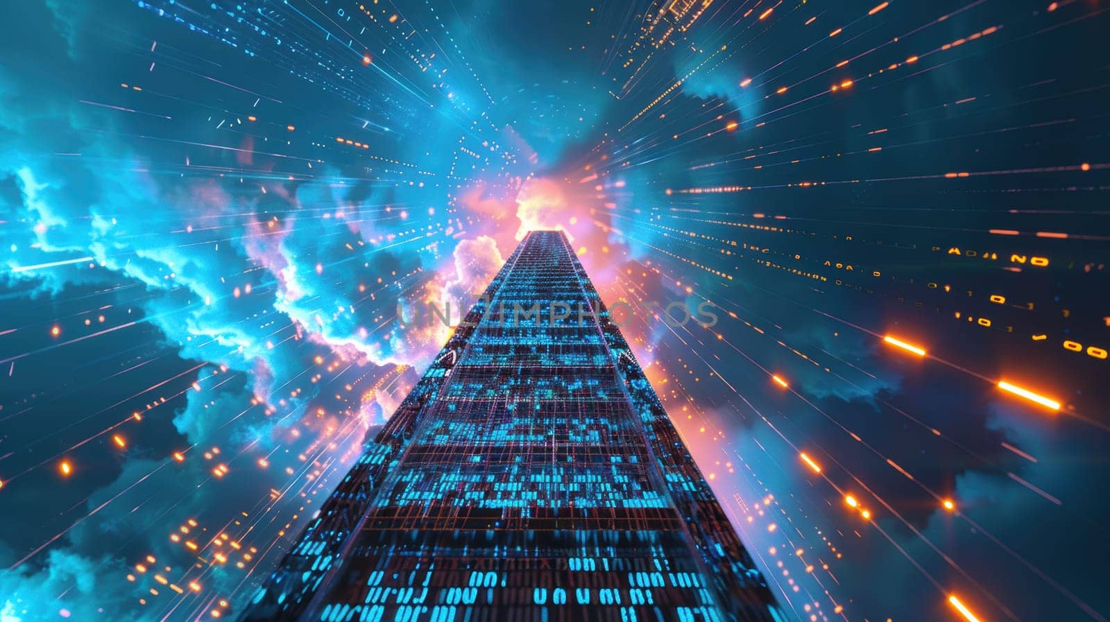 A digitally rendered ladder composed of code ascends into a dynamic sky, representing technological advancement and opportunities. the scene features vivid colors and detailed lighting, emphasizing a futuristic concept.