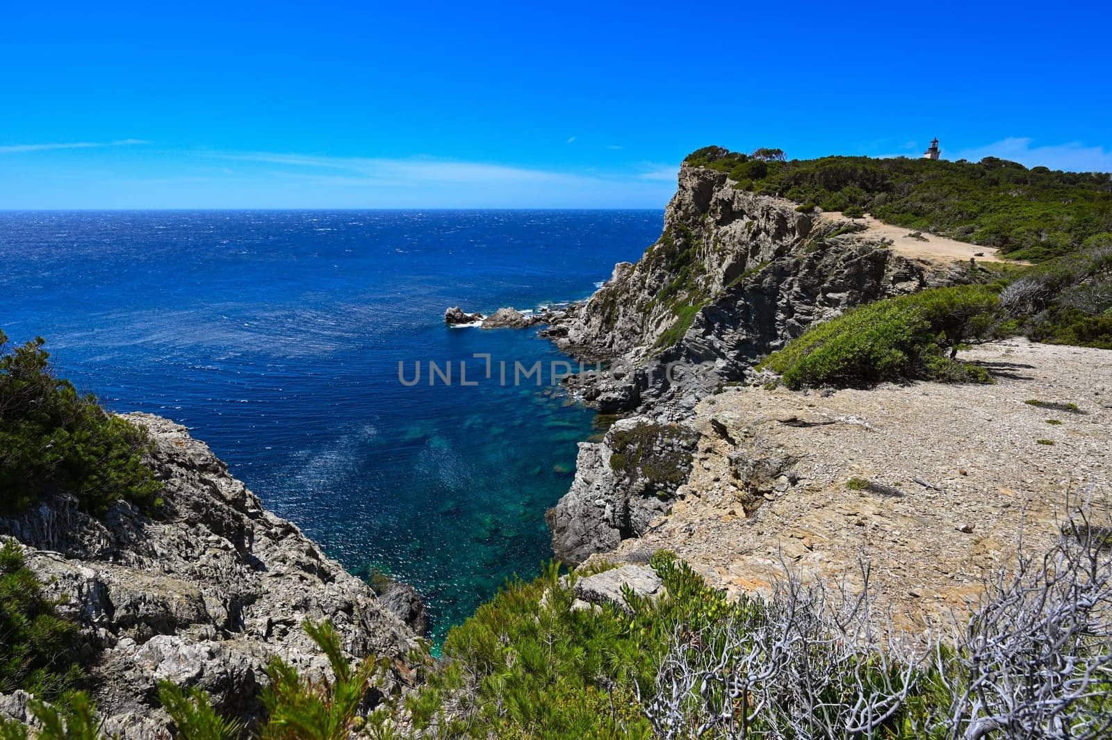 Sunny day on wild coast Porquerolles Island, Bluff and sea, France, High quality photo