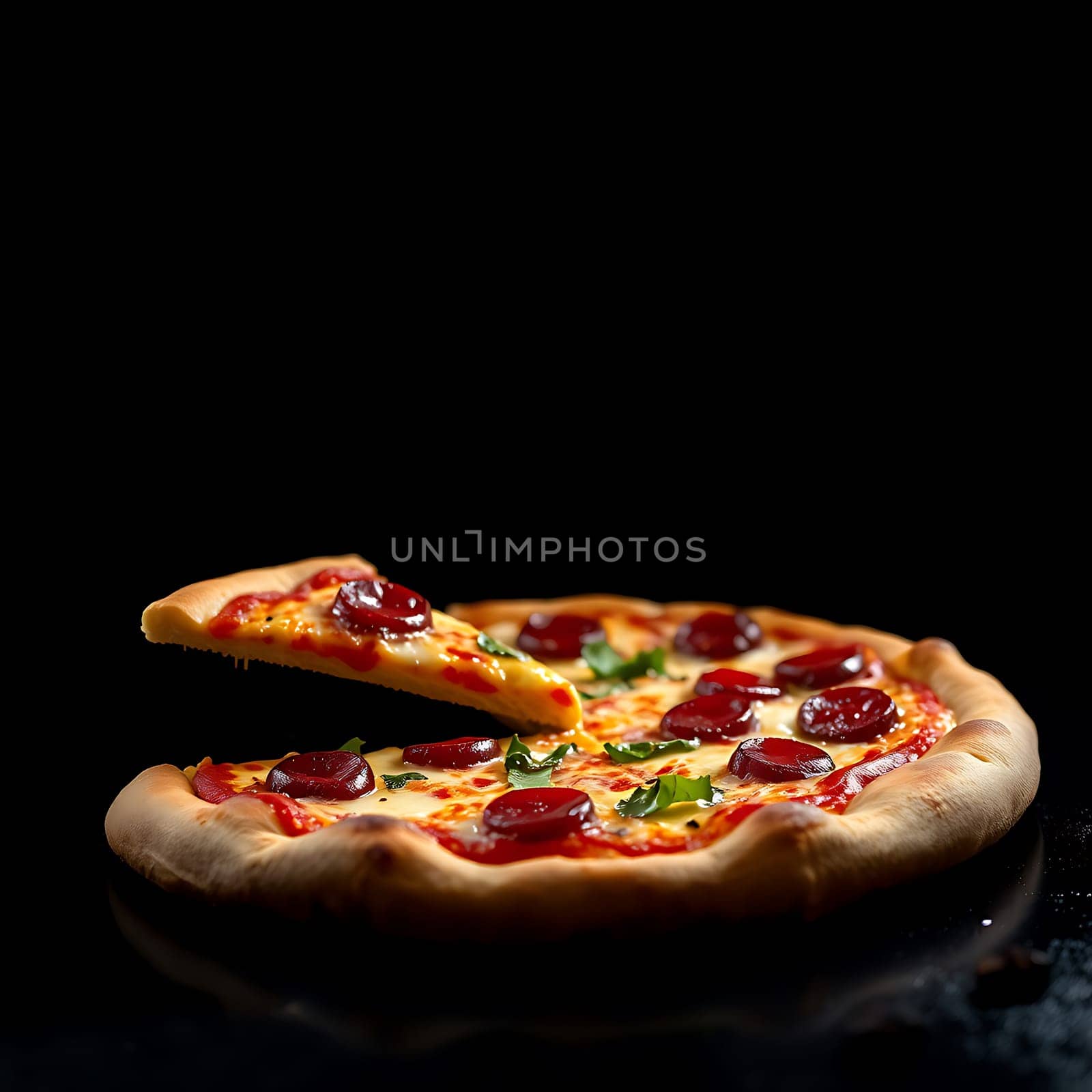 A close-up shot of a freshly baked pepperoni pizza with a single slice removed, showcasing the gooey cheese, crispy crust, and vibrant toppings. The image is perfect for food blogs, restaurant menus, or any project that requires a mouthwatering pizza image. The black background creates a dramatic and sophisticated look.