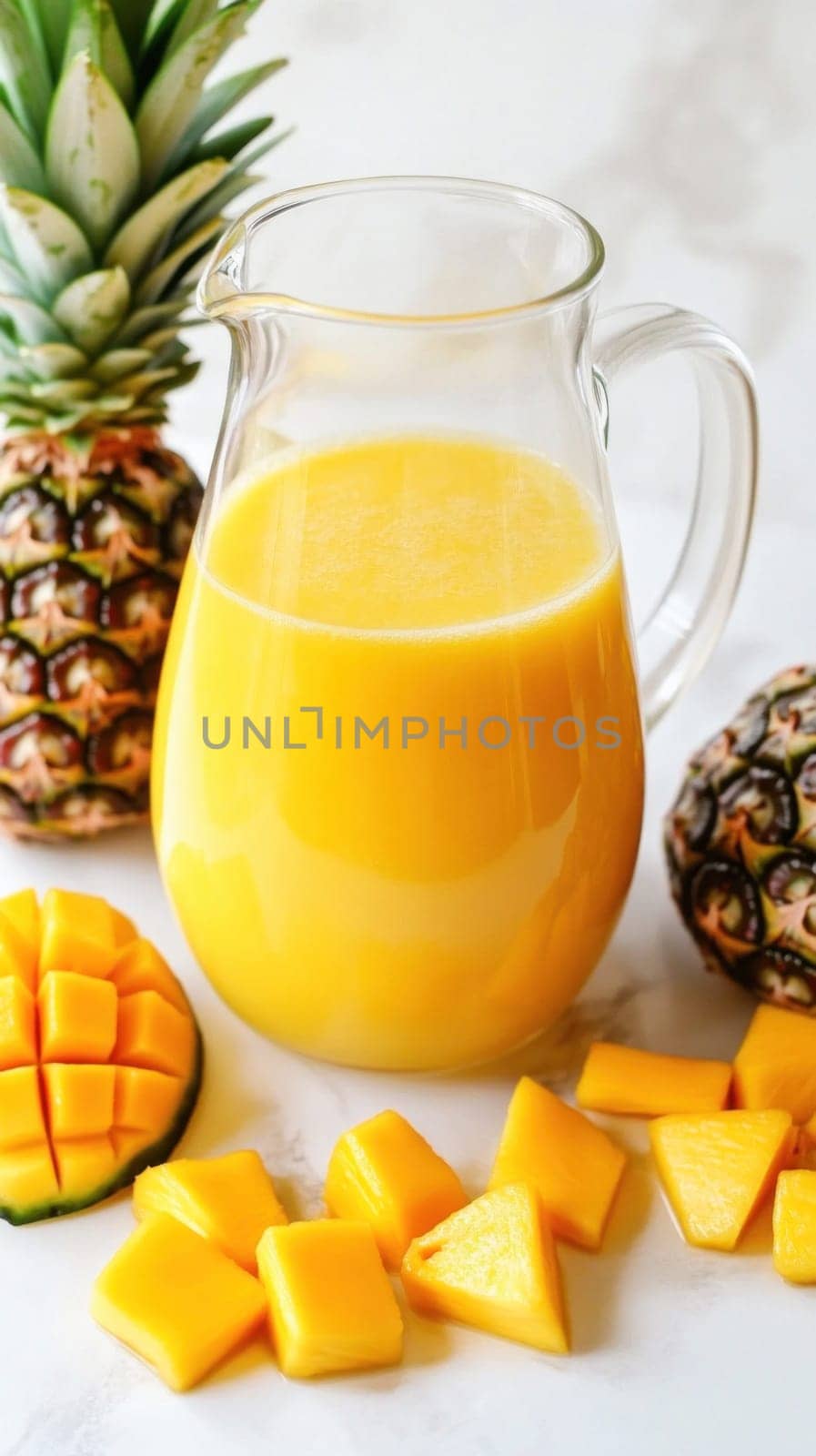 Glass pitcher full of freshly squeezed mango juice is surrounded by pieces of mango and pineapple