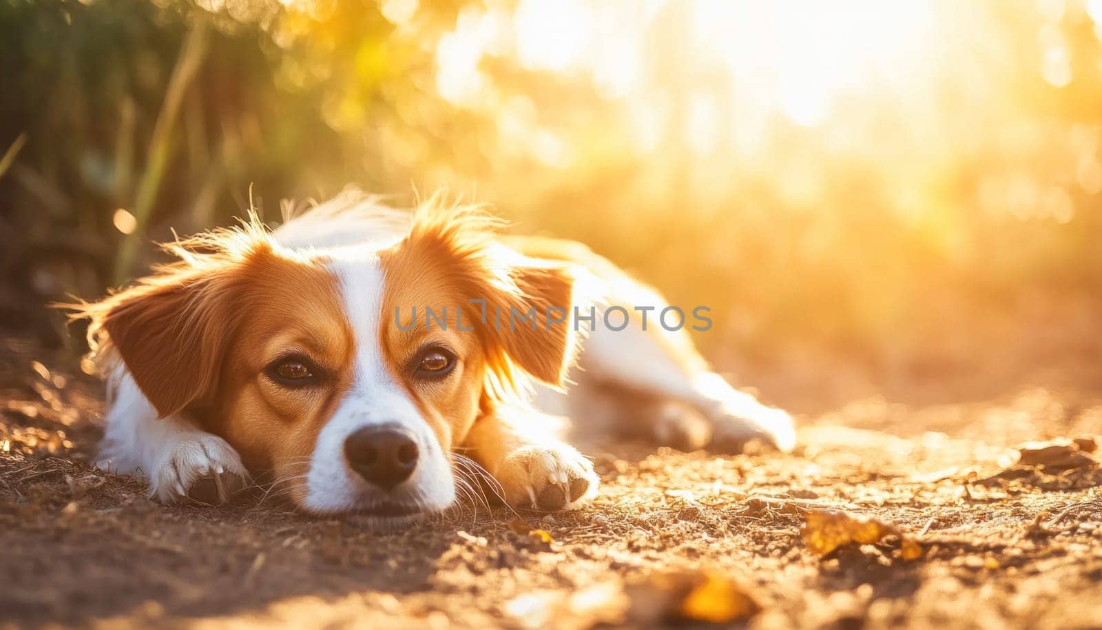 Brown dog is sleeping peacefully in warm evening sunlight