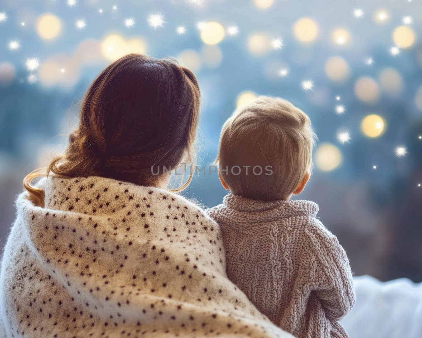 Mother and son are sitting together wrapped in a blanket watching the falling snow on a snowy christmas eve