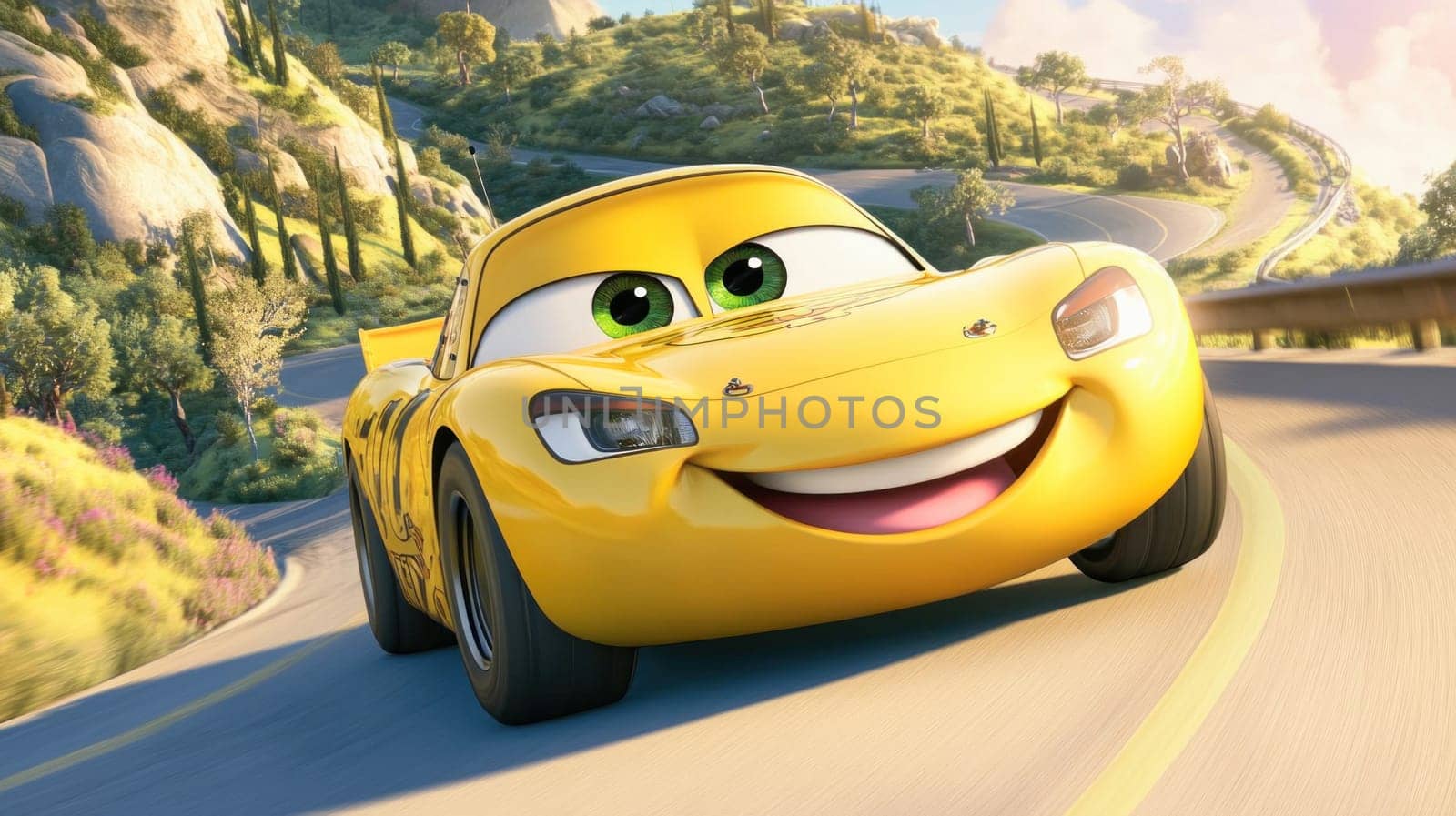 Yellow cartoon car is driving fast uphill on a winding mountain road