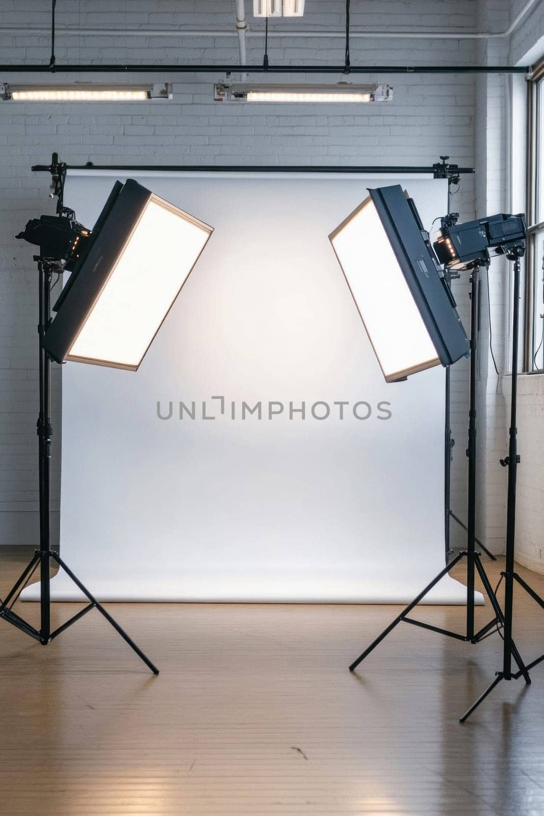 Two studio softboxes lighting a white backdrop in a photography studio