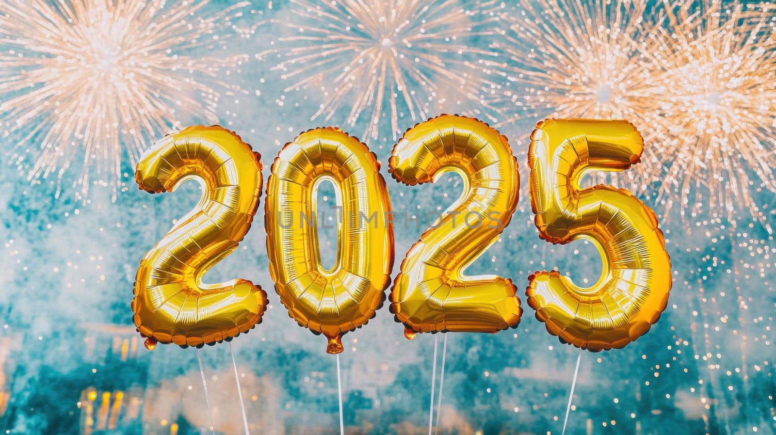 Golden balloons showing 2025 floating with fireworks exploding in the background