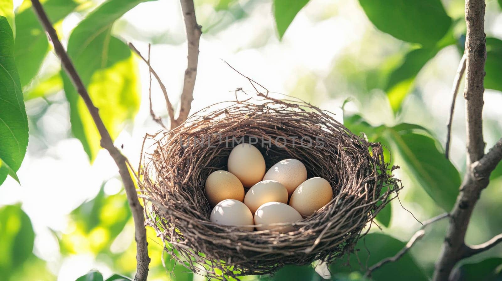Bird nest holding five pastel blue and one brown eggs is hanging from a blooming tree branch