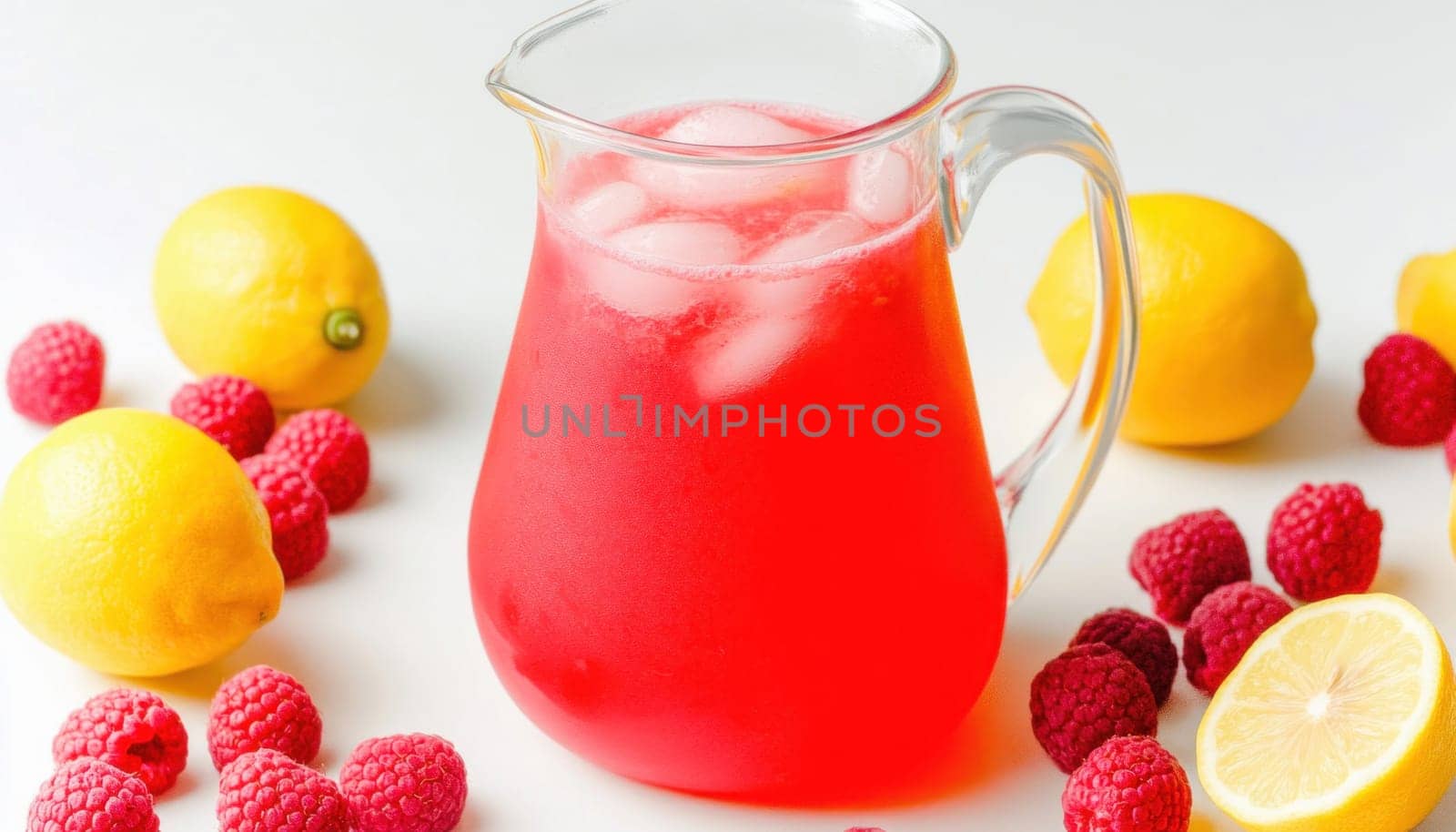 Raspberry lemonade being poured into glass with ice surrounded by lemons and raspberries on white surface