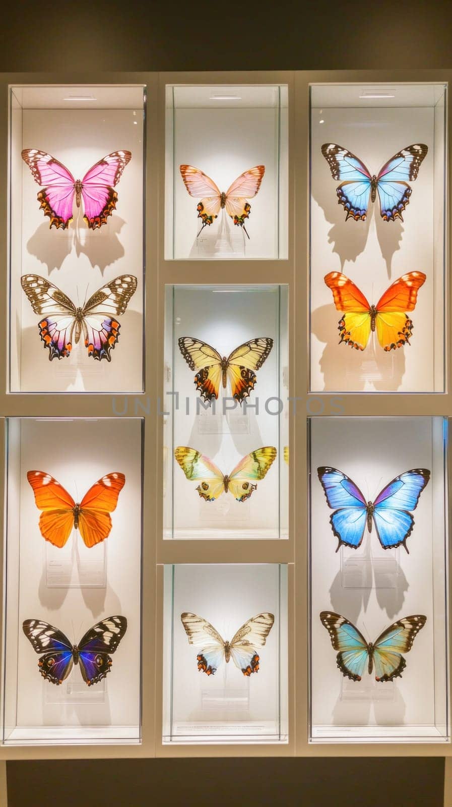 Colorful butterfly specimens are pinned in a museum display case