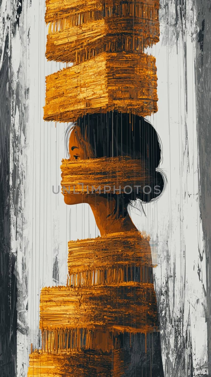 Woman is standing with golden architectural structures surrounding and encasing her head and body, creating a feeling of confinement