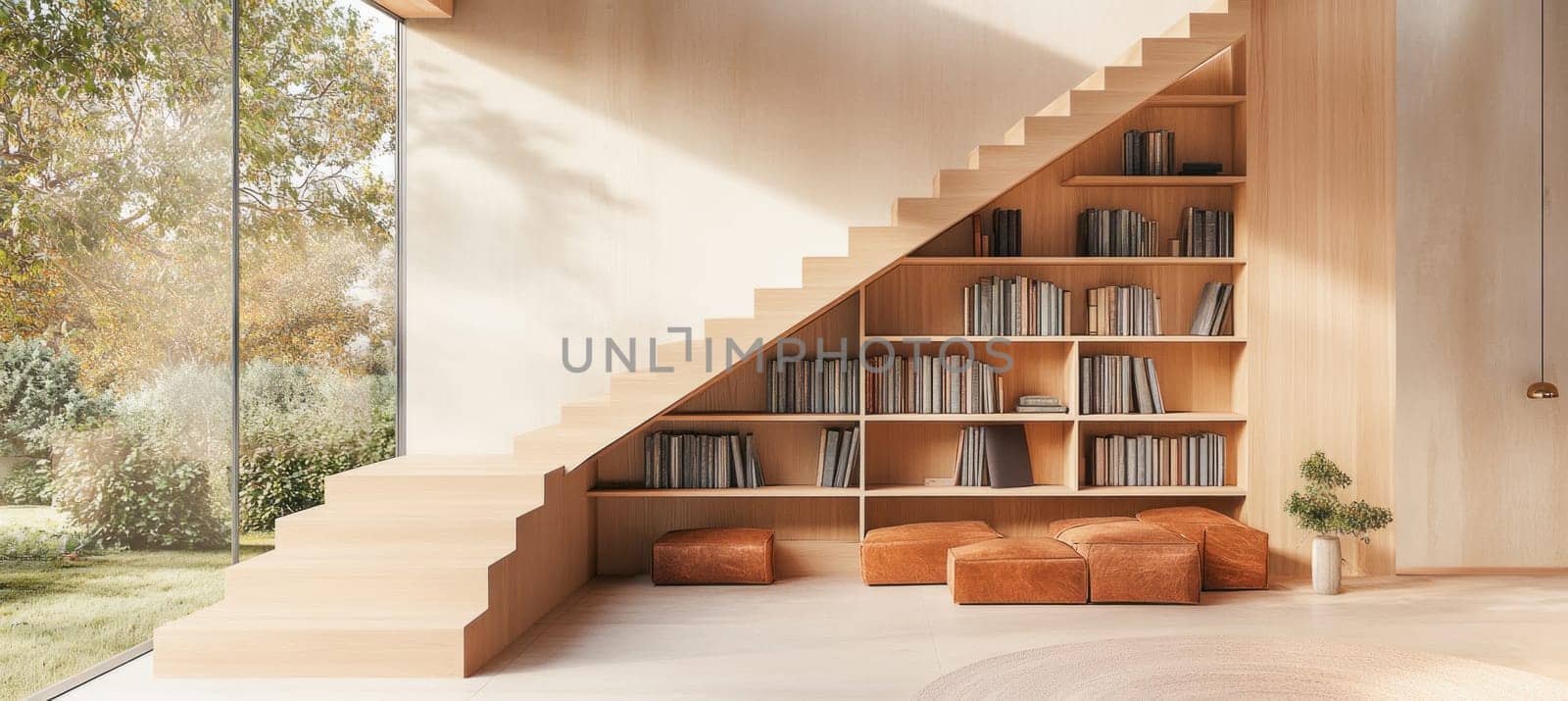 Sunlight streaming through a large window illuminating a modern minimalist home interior with bookshelves under the staircase
