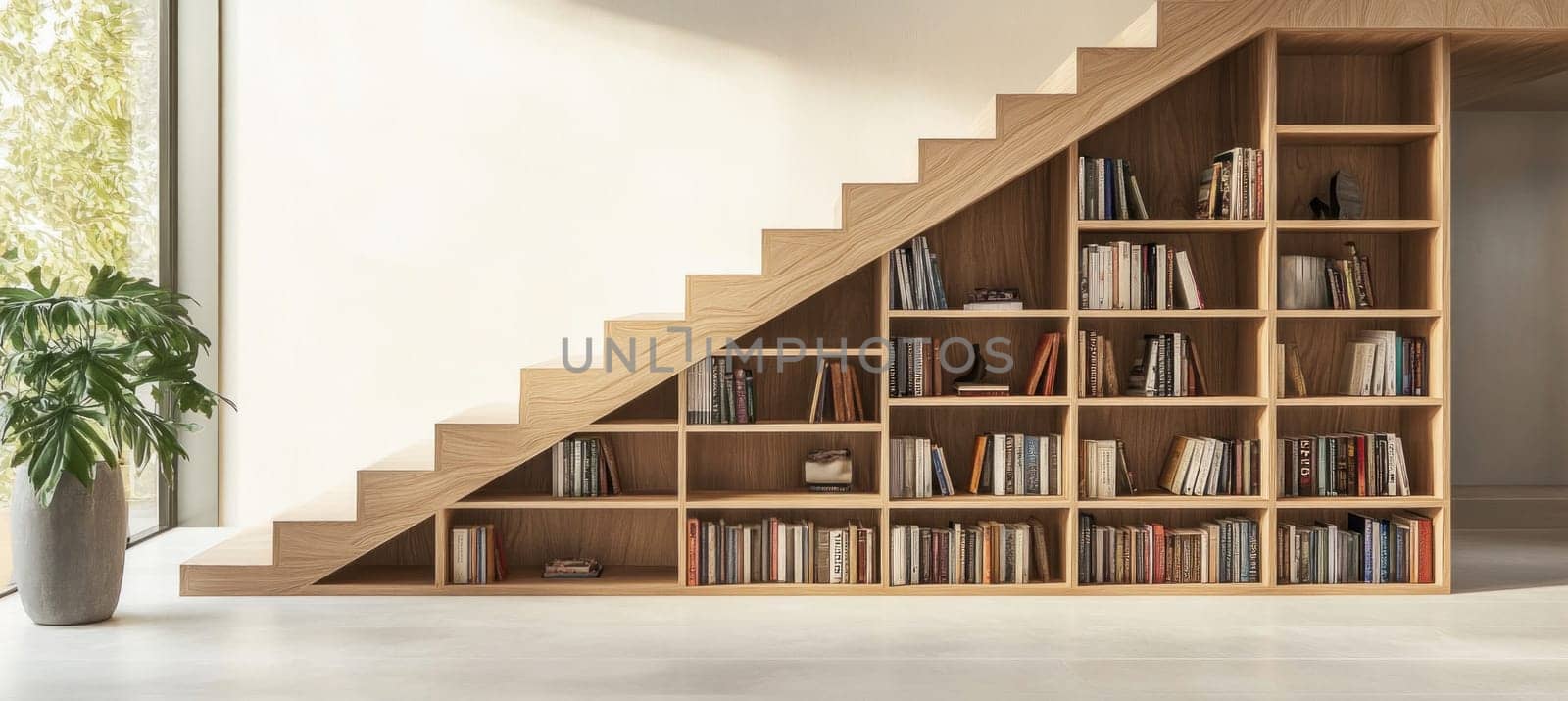Sunlight streaming through a large window illuminating a modern minimalist home interior with bookshelves under the staircase