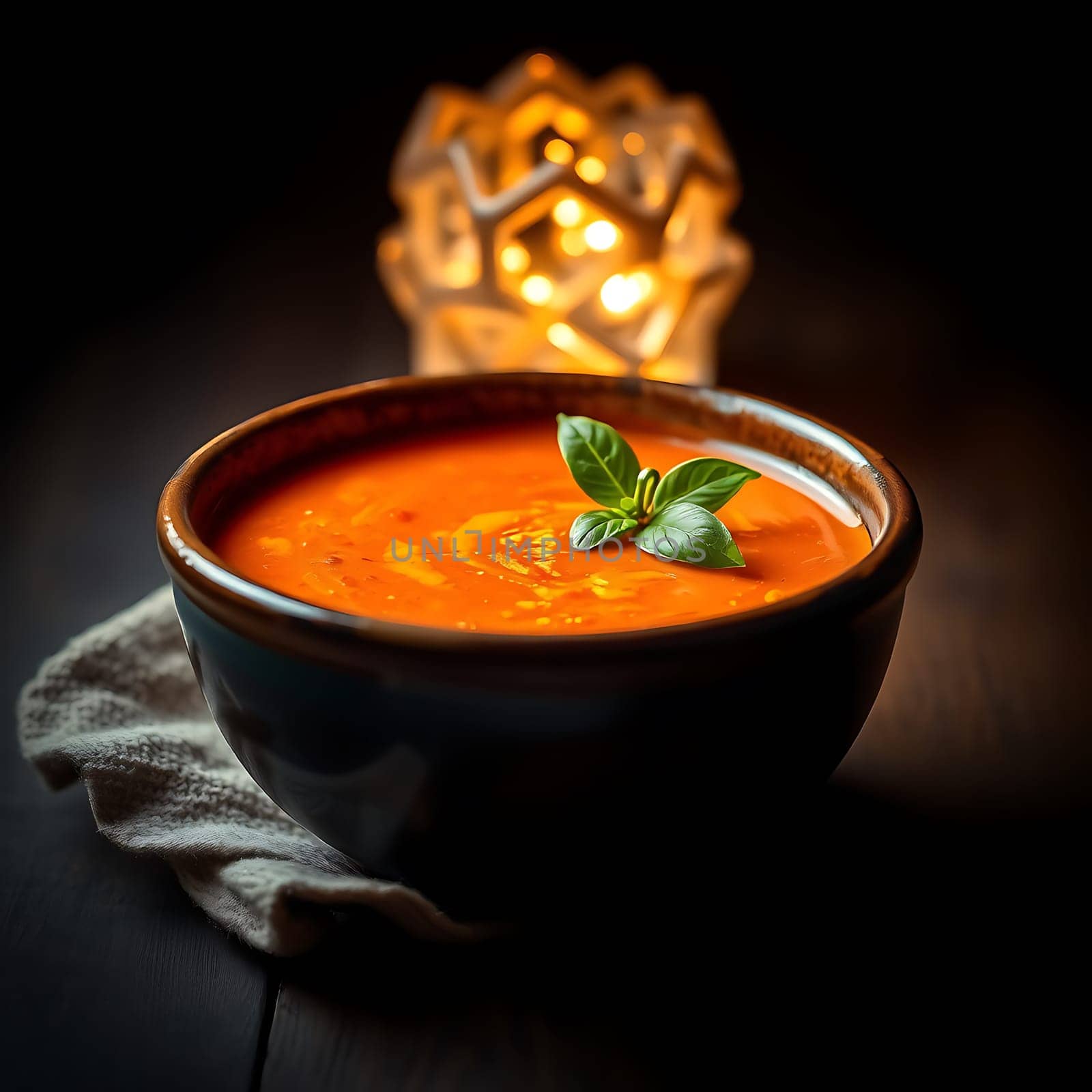 A close-up shot of a bowl of tomato soup garnished with fresh basil leaves. The soup is a vibrant orange color and the bowl is set on a rustic wooden surface. The image has a warm and inviting feel, perfect for showcasing the deliciousness of homemade tomato soup. It is ideal for use in recipes, food blogs, and restaurant menus.,