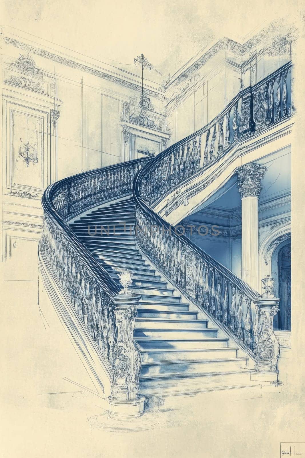 Elegant curving staircase with ornate iron railings is depicted ascending to the second floor in this illustration of a grand foyer