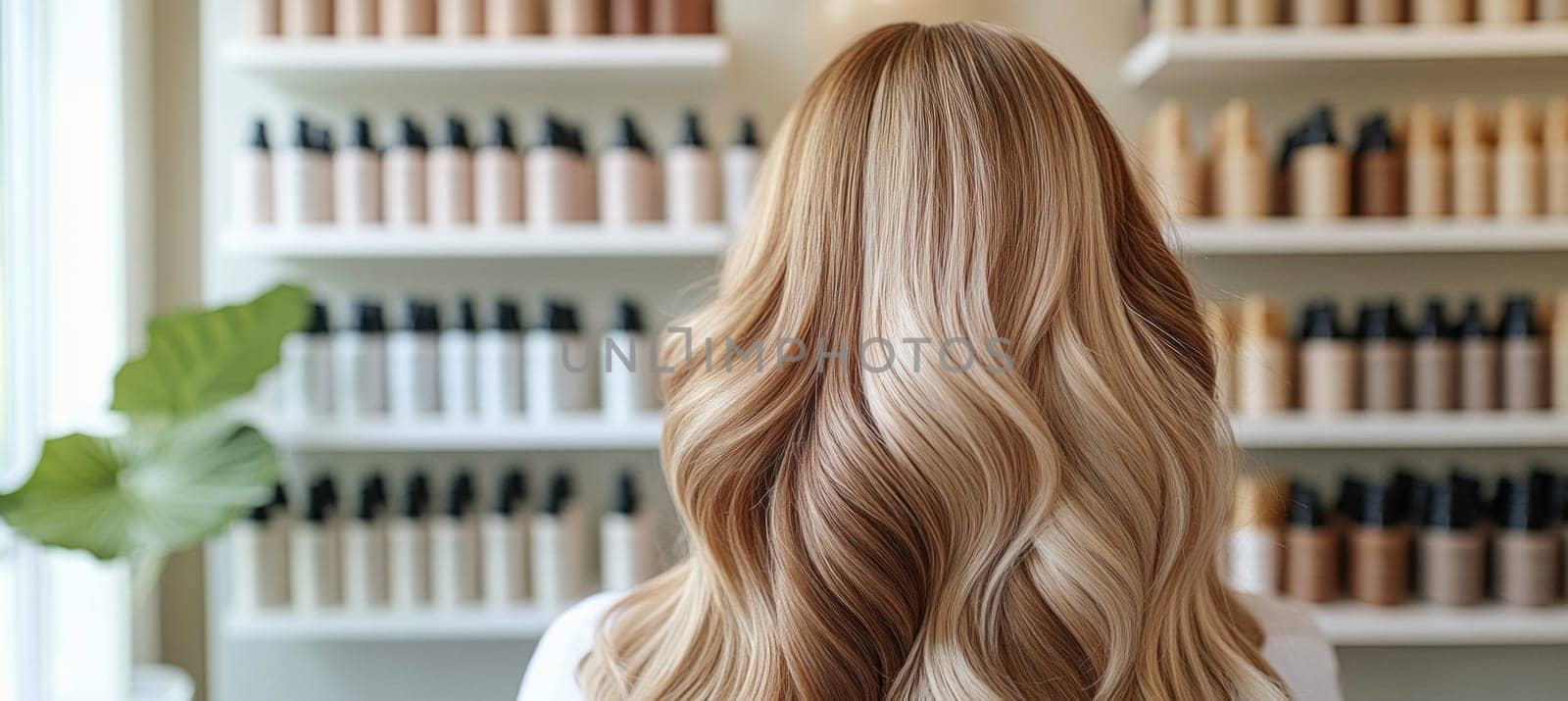 Blonde woman with long healthy hair is standing in a hair salon with shelves full of hair products in the background