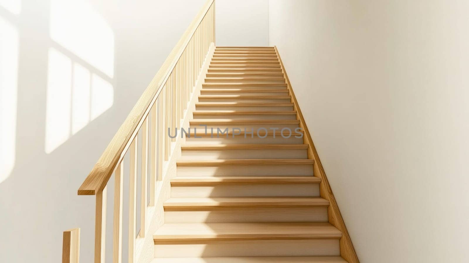 Sunlight is illuminating a modern minimalist wooden staircase in a house
