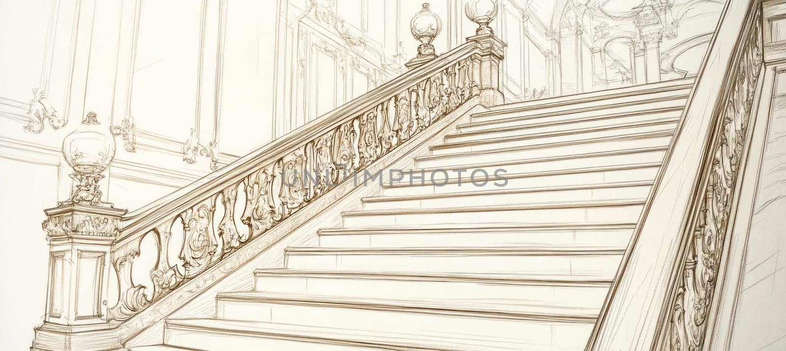 Elegant staircase with wrought iron banisters is depicted in this hand drawn illustration