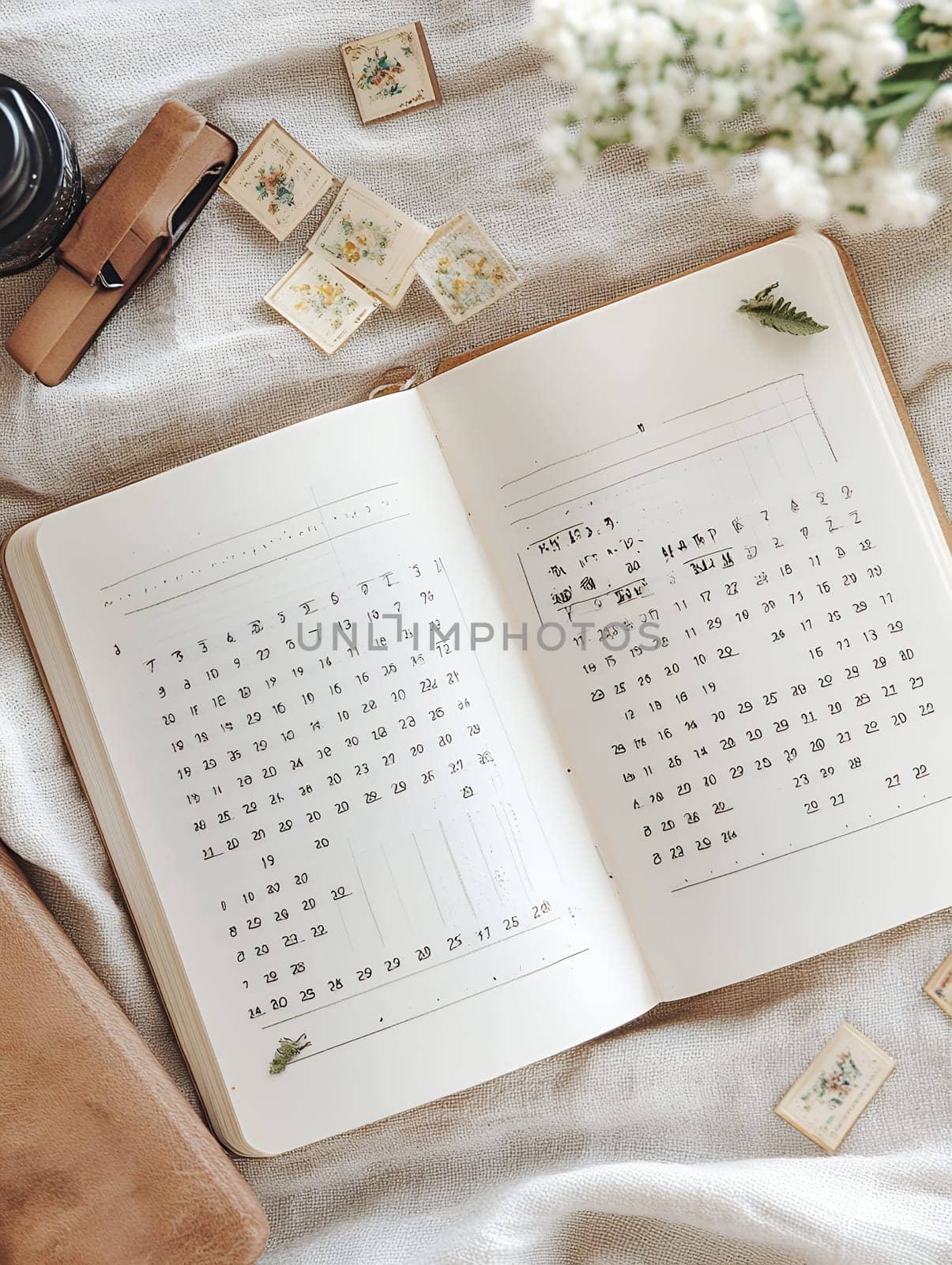 Open calendar with vintage floral decorations on a textured fabric background, creating a rustic atmosphere.