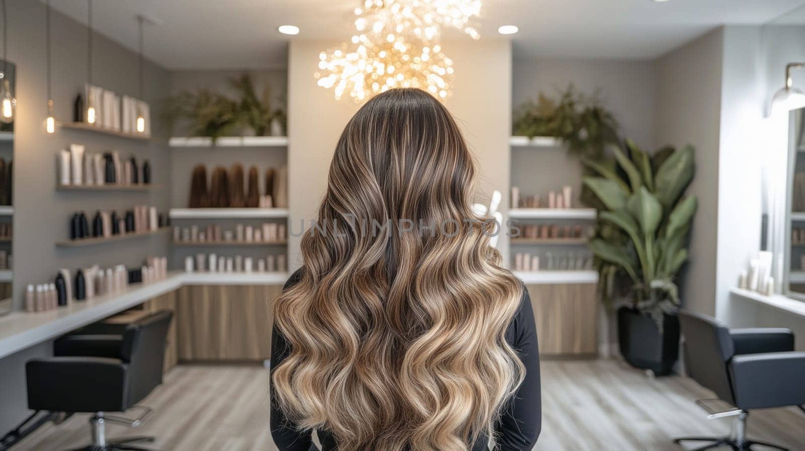 Woman is showing off her long brown hair in a hair salon