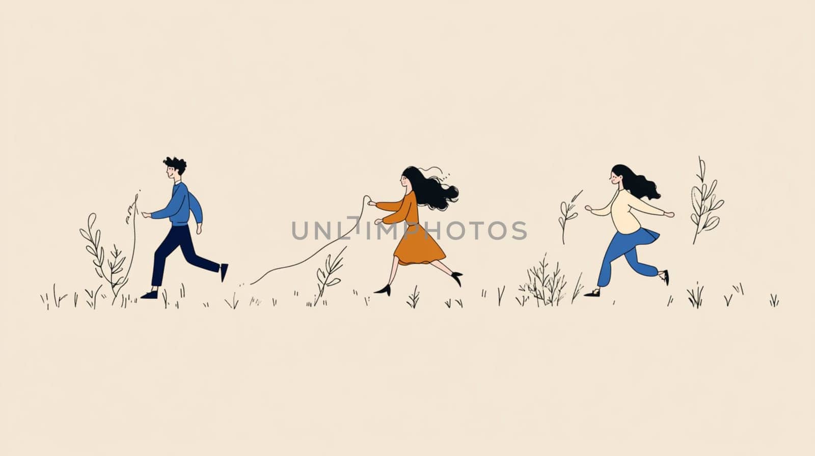 Three young adults joyfully running through a lush field, embracing nature's beauty and freedom. Immersed in the outdoors, they exude energy and vitality, reflecting happiness and togetherness