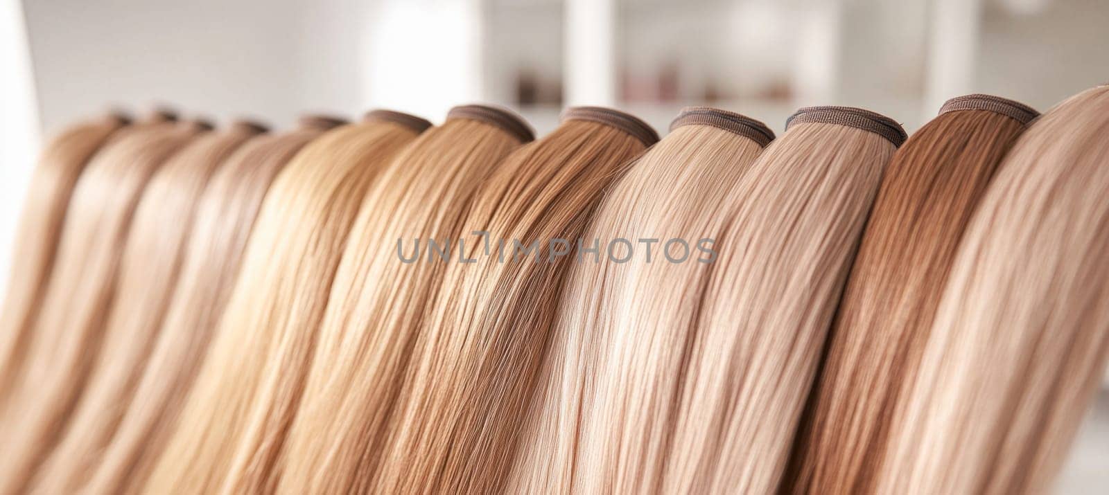 Selection of different blonde hair colors are displayed on hair swatches