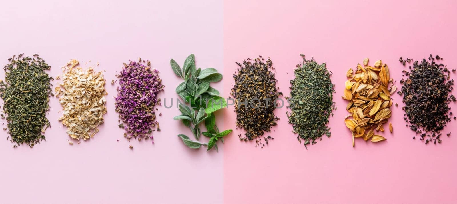 Colorful variety of dried herbs and flowers for making tea are lying on a pink background
